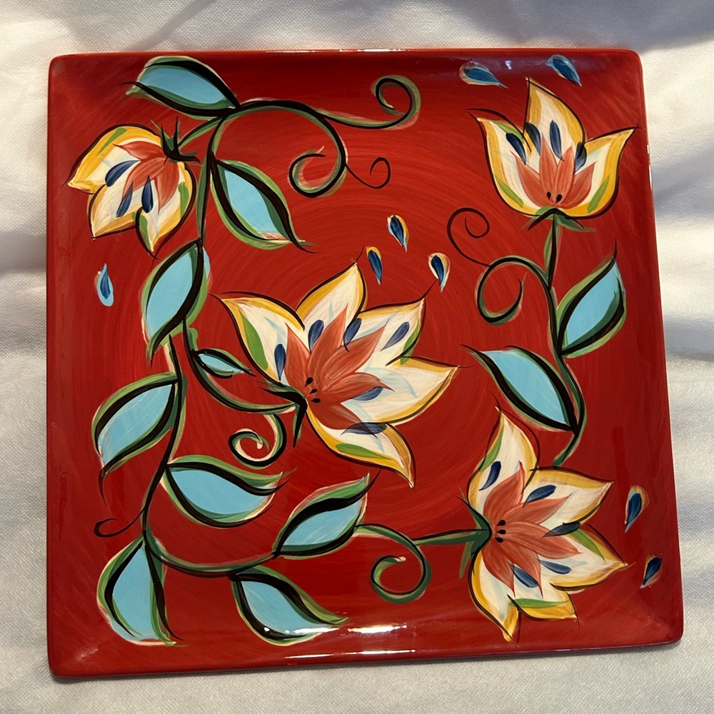 Southern Living at Home Gail Pittman Red Bountiful Floral Platter Hand Painted.